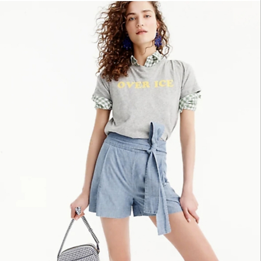 J.Crew High Rise Tie Waist Chambray Cornado Wash Cotton Shorts